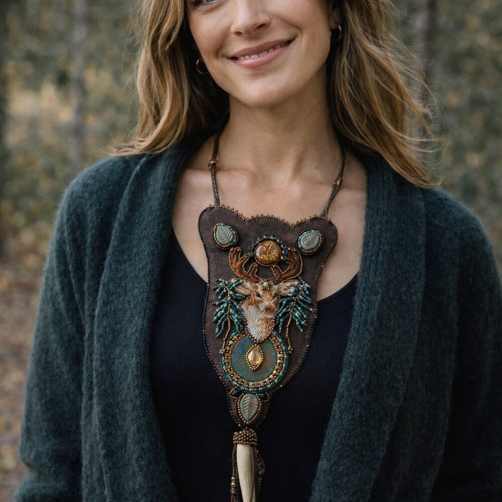 Handmade Beaded Deer Stag Statement Necklace | Boho Southwestern Tribal